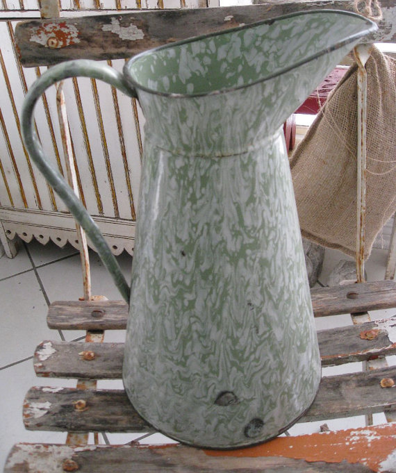 Vintage French 1930s Enamelware Sage Green Swirl & Ivory Water Pitcher